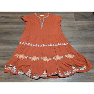 Roller Rabbit Cotton Embroidered Floral Tiered Dress Rust Womens Size Small